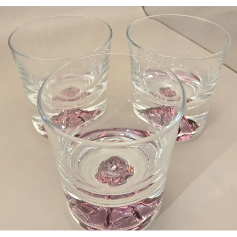 Vintage Glasses 3 Low Ball Whiskey 3D With Wild Rose Cut And Stained Effect‎